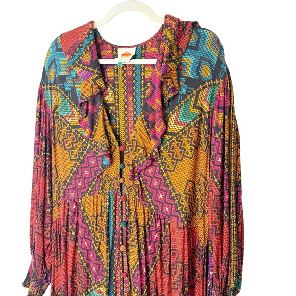 Farm Rio Yawanawa Stripes Ankle Maxi Bohemian Dress Size Large L - Picture 4 of 14